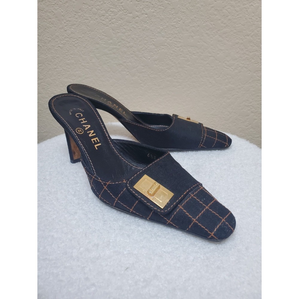 Vintage Y2K Chanel quilted mules, women's size 36.5, with Mademoiselle clasp.